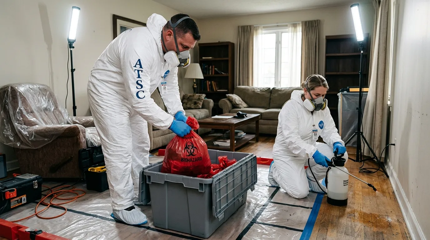 Professional Hazmat Cleanup technician in full PPE working in Creve Coeur